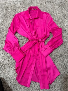 Fuchsia Satin Tie-Front Button Dress